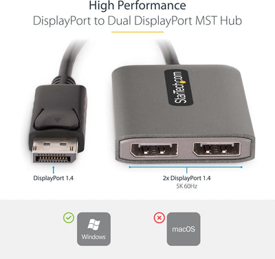 StarTech.com 2-Port Multi-Monitor DisplayPort Adapter, DP auf 2x DisplayPort 1.4 Splitter, Dual 5K 6