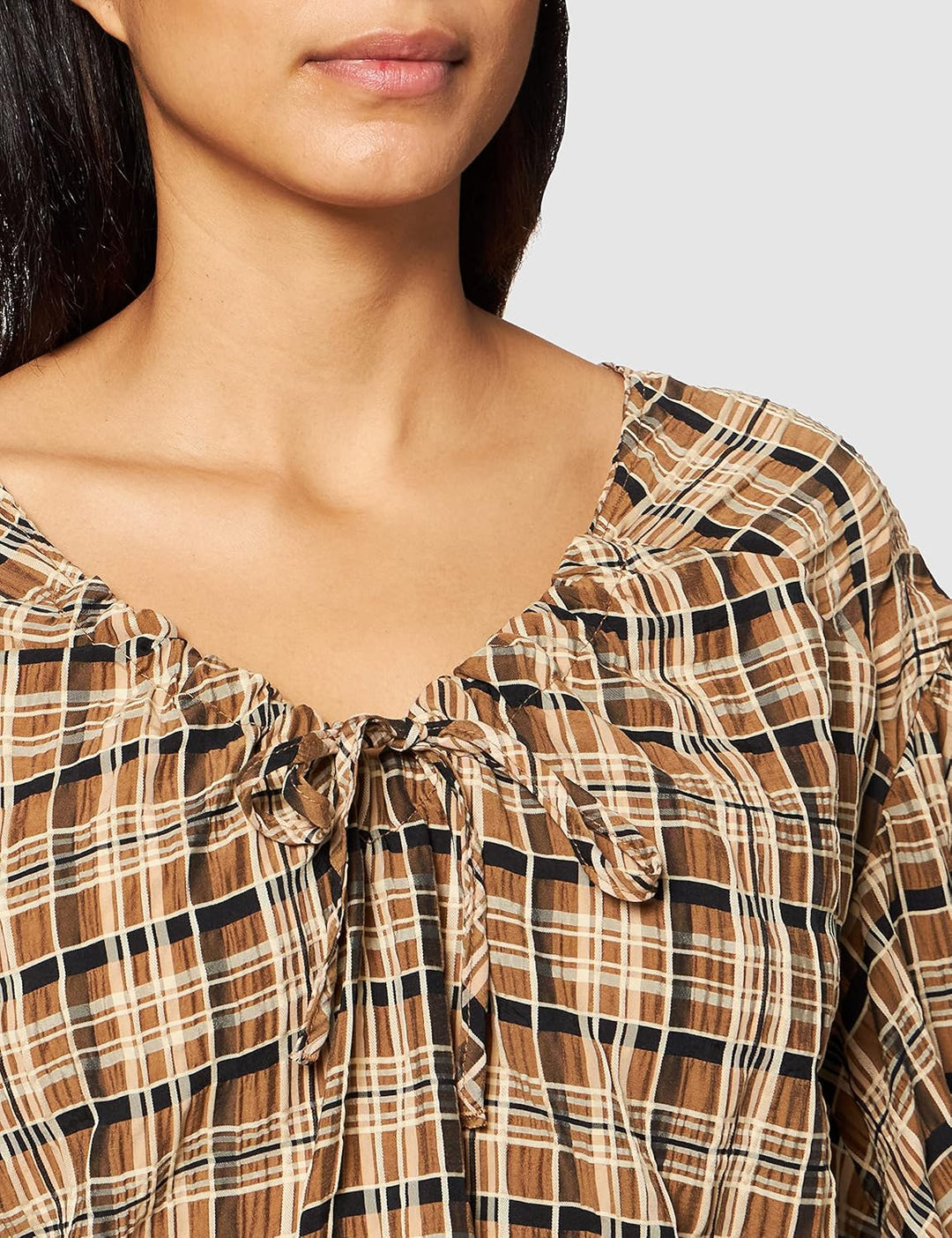 IPEKYOL Damen Baloon Sleeve Plaid Pattern Blouse 42 Brown, 42 Brown