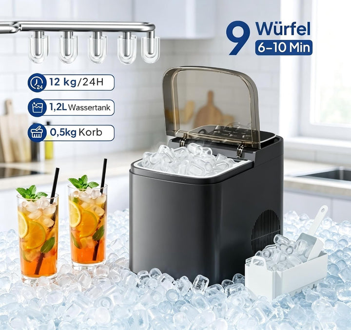 ROVSUN Eiswürfelmaschine Selbstreinigend 12 kg/24 h, 9 Kegeleis in 6-10 Minuten, Eiswürfelbereiter m