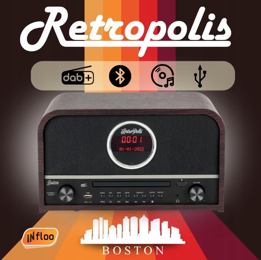 Retropolis Boston Wohnzimmer-Radio – Netzwerk DAB+ DIGITAL AM/FM USB-A Bluetooth CD LED – Vintage De