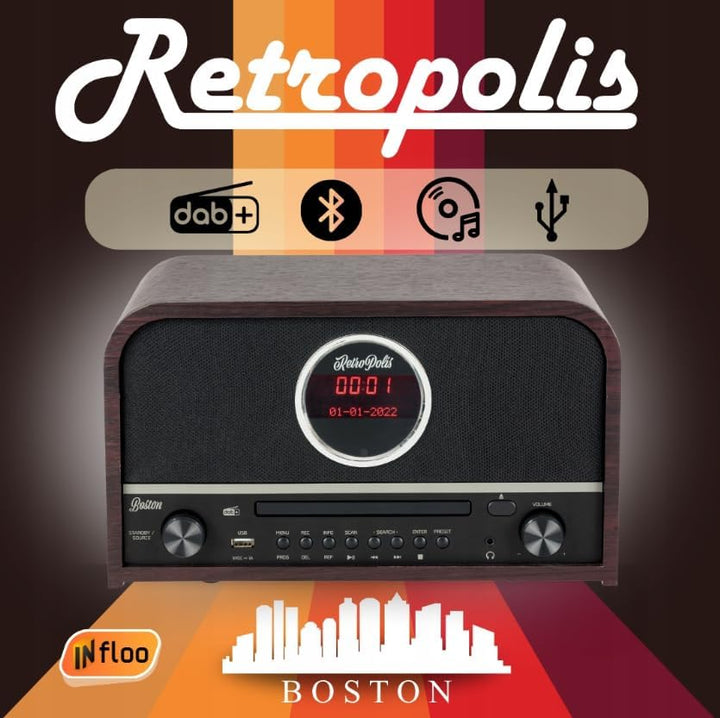 Retropolis Boston Wohnzimmer-Radio – Netzwerk DAB+ DIGITAL AM/FM USB-A Bluetooth CD LED – Vintage De