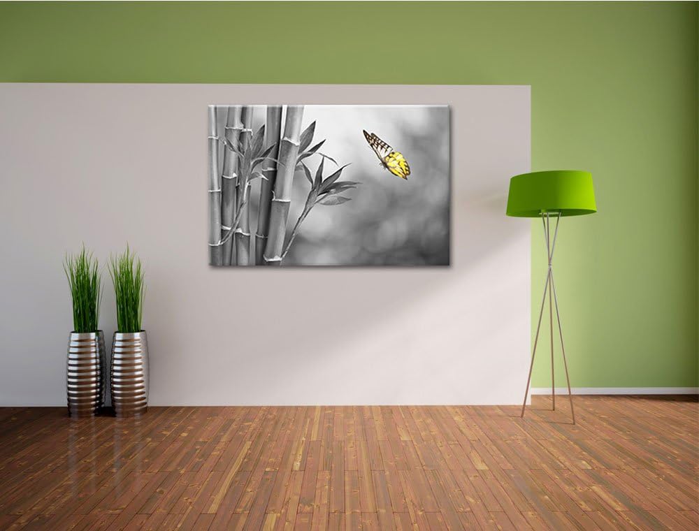schöner Schmetterling vor Bambus schwarz/weiss Format: 100x70 auf Leinwand, XXL riesige Bilder ferti