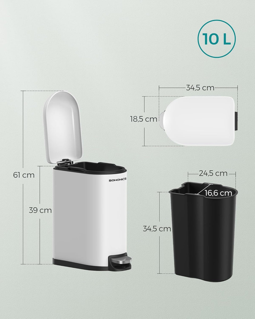SONGMICS Abfalleimer für Badezimmer, 10 l, klein, Deckel, Treteimer für Toilette, kompakt, kleiner R