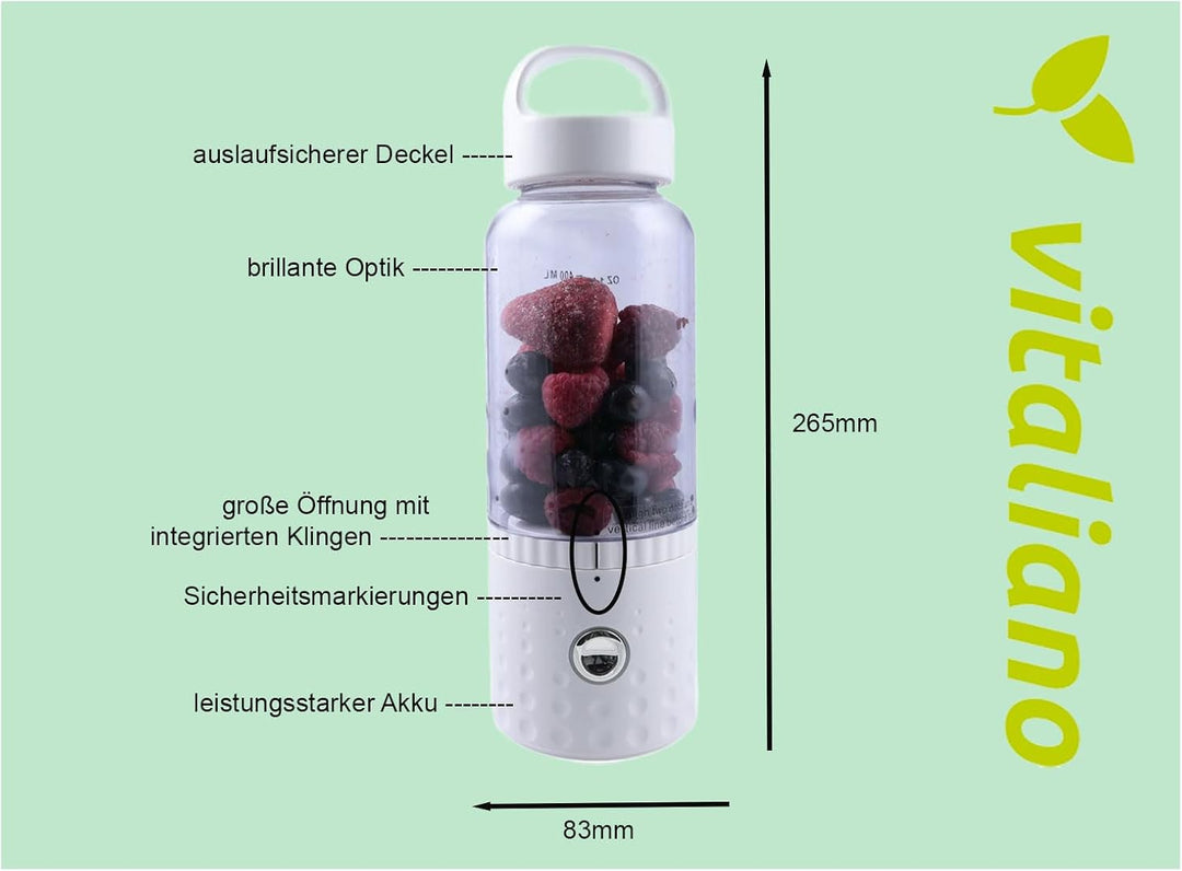 vitaliano tragbarer Smoothie Maker to go, 500ml, wechselbare Flasche, USB, spülmaschinenfest, leicht