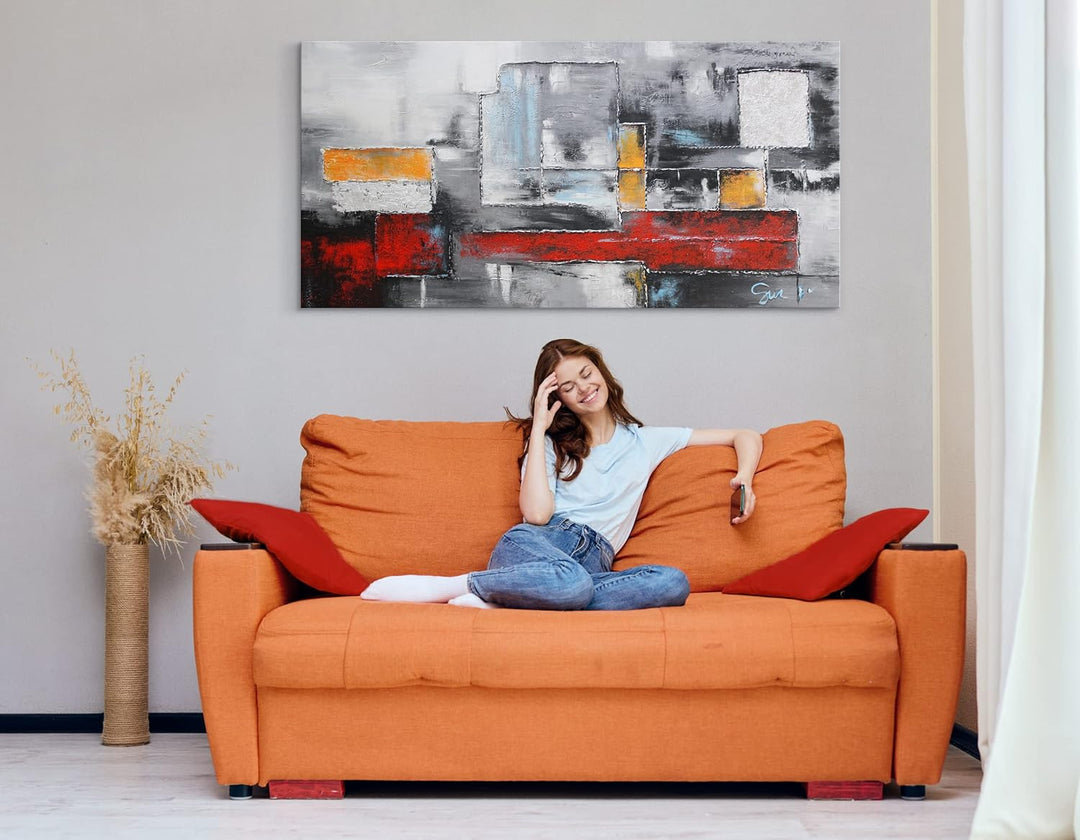 YS-Art Abstrakt Acryl Gemälde auf Leinwand Abstraktion in rot-grauen Farben handgemalt Wandbilder Wo