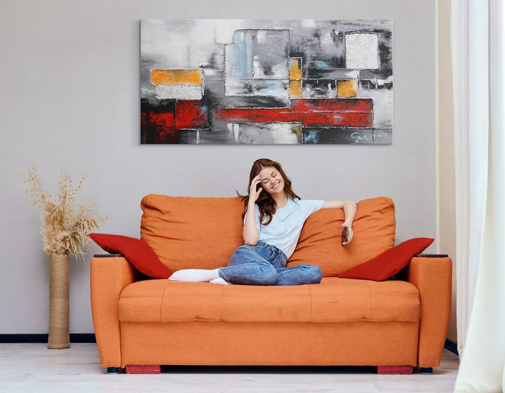 YS-Art Abstrakt Acryl Gemälde auf Leinwand Abstraktion in rot-grauen Farben handgemalt Wandbilder Wo