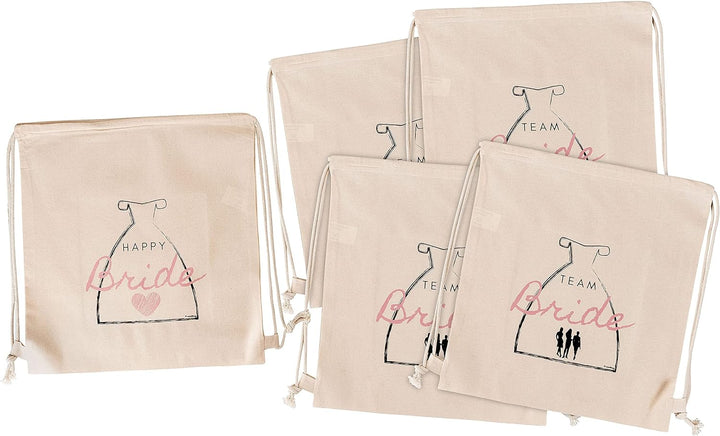 FremiBag Happy Bride & Team Bride Stoffbeutel Set - Turnbeutel für den JGA Junggesellinnenabschied a