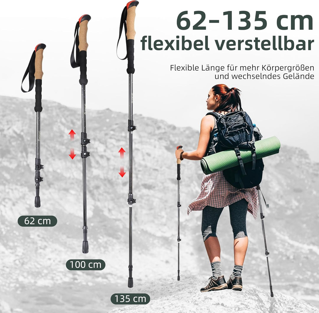 Teleskop-Wanderstöcke Carbon 2er Set, 200 g pro Stock, 62–135 cm verstellbar, leicht & stabil, Korkg