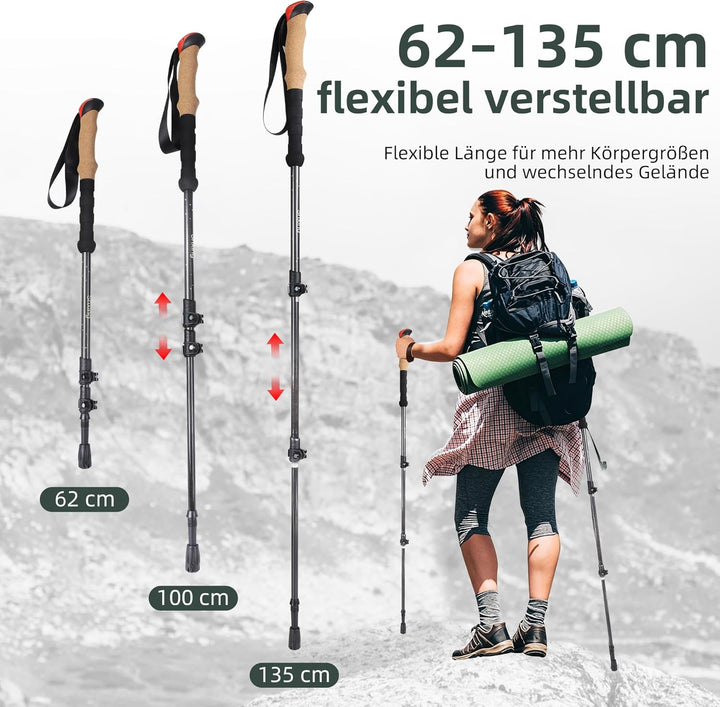 Teleskop-Wanderstöcke Carbon 2er Set, 200 g pro Stock, 62–135 cm verstellbar, leicht & stabil, Korkg