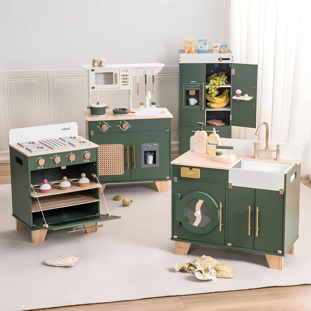 ROBUD Kinderküche + Spielzeugofen Holz für Kinder, Spielküche Kinder Küche mit Vorgetäuschtem Eiswür