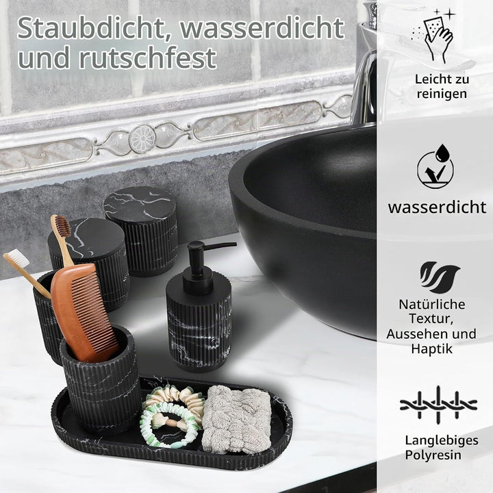 Badezimmer Set 6-TLG | Seifenspender + Zahnputzbecher mit Tablett &amp; Wattestäbchenbox | Design Streif