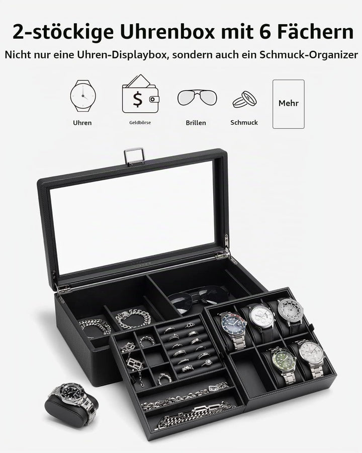 Vlando Uhrenbox Uhrenkasten mit Glasdecekel, Watch Box für Herren, Uhrenaufbewahrung Schmuckaufbewah