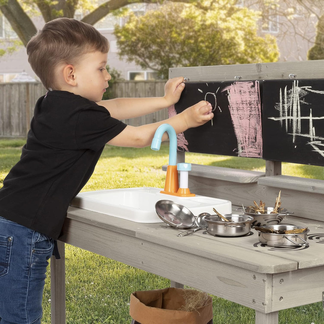 ONVAYA® Matschküche aus Holz | Grau | Outdoor Spielküche mit Waschbecken und schwarzer Tafel | Inklu