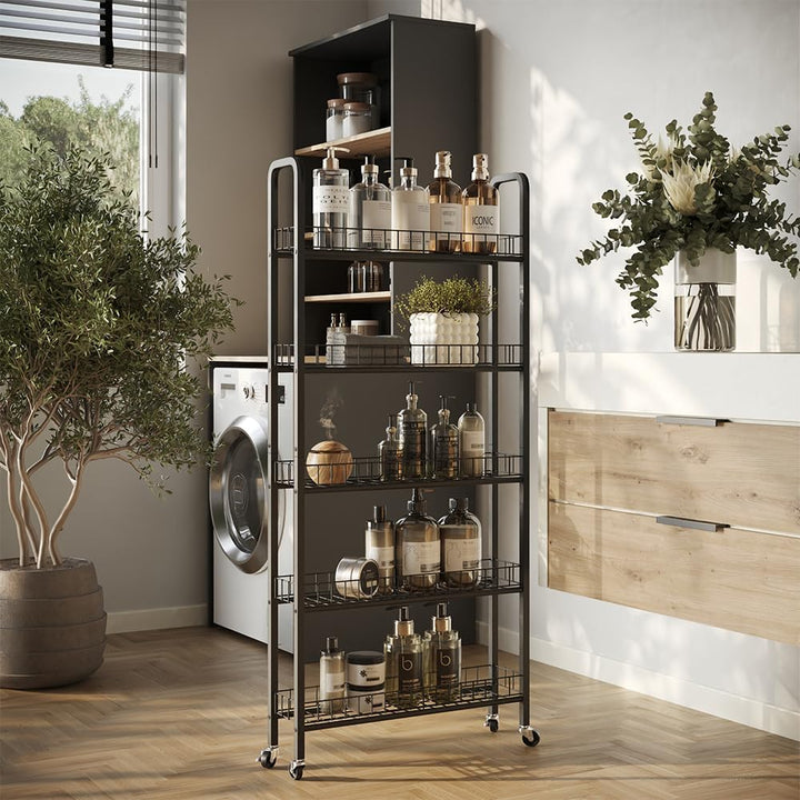 Vicco Rollregal Rolivo, Schwarz, 58 x 15 cm mit 5 Fächern, auf Rollen flexibel positionierbar für sc