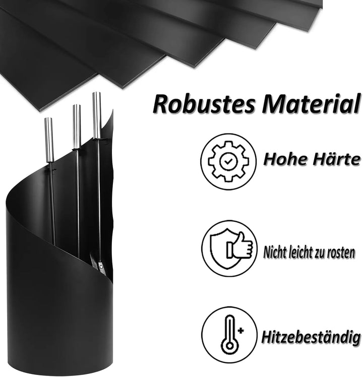 Kaminbesteck Schwarz 4-TLG. Edelstahl Kamingarnitur mit Ständer, Ascheschaufel, Besen &amp; Schürhaken –