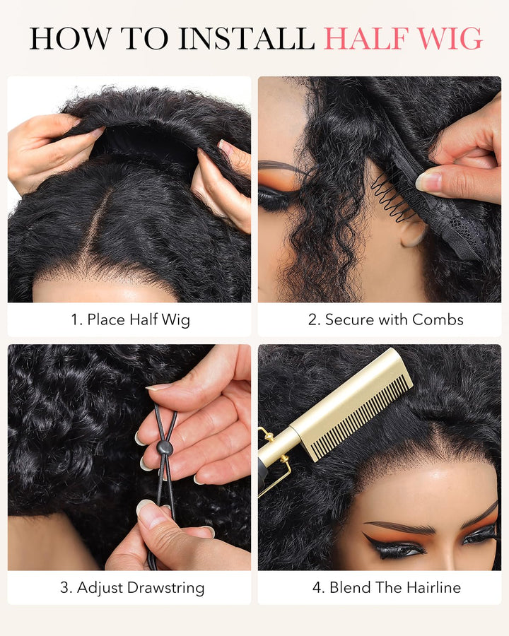 Tunfine Curly Half Wig Echthaar perücke 200 Dichte Water Wave 3 in 1 Seamless Flip Over Wigs Perücke