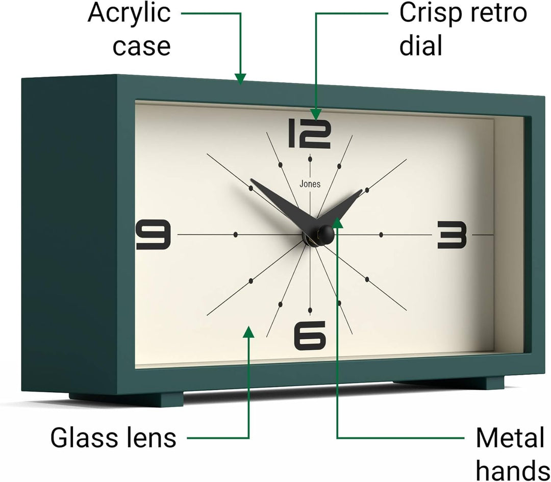 JONES CLOCKS® Schreibtischuhr 'Odeon' – modernes rechteckiges Design in Grün, stilvoller Retro-Look