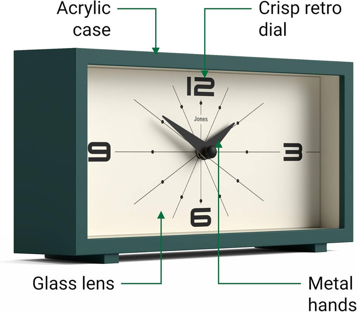 JONES CLOCKS® Schreibtischuhr 'Odeon' – modernes rechteckiges Design in Grün, stilvoller Retro-Look