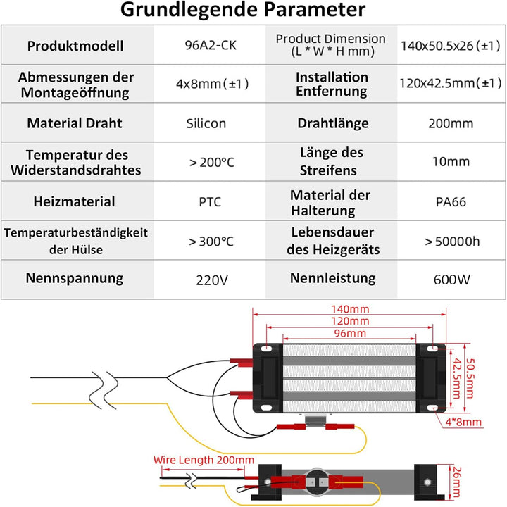 PTC-Heizelement 600W, PTC-Heizung 220V Isoliertes PTC-Keramik-Luftheizgerät, Elektrisch isolierte Ke
