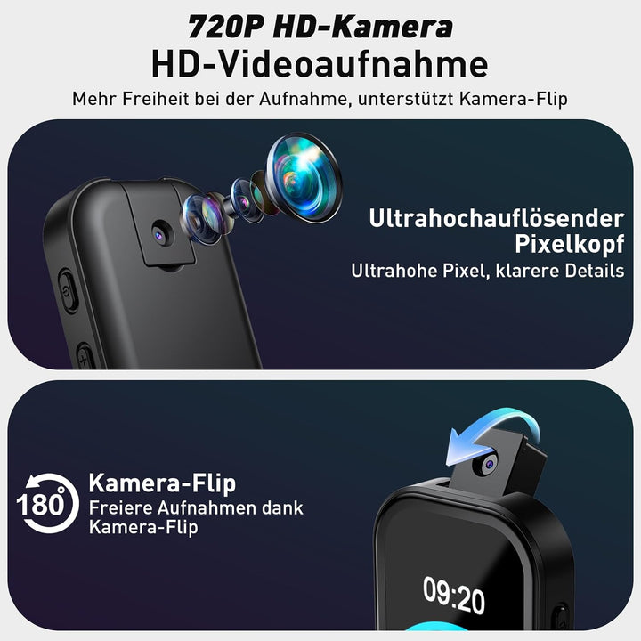 64GB MP3 Player Bluetooth mit 180° Aufklappbar Kamera, Mini Musik Player HD Lautsprecher FM Radio Fo