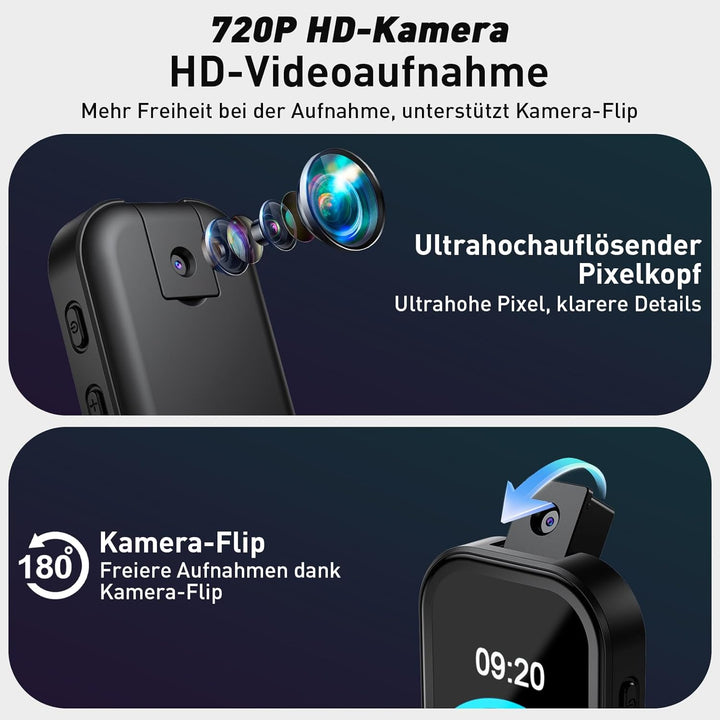 64GB MP3 Player Bluetooth mit 180° Aufklappbar Kamera, Mini Musik Player HD Lautsprecher FM Radio Fo