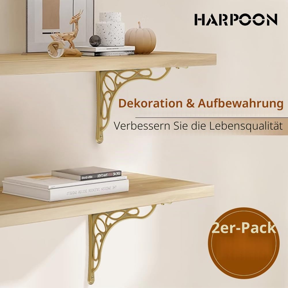 HARPOON Wandregalhalterung, robust und Hardware im Lieferumfang enthalten, 2 Stück, gebürstetes Gold