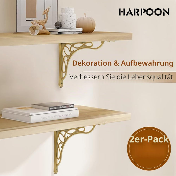 HARPOON Wandregalhalterung, robust und Hardware im Lieferumfang enthalten, 2 Stück, gebürstetes Gold