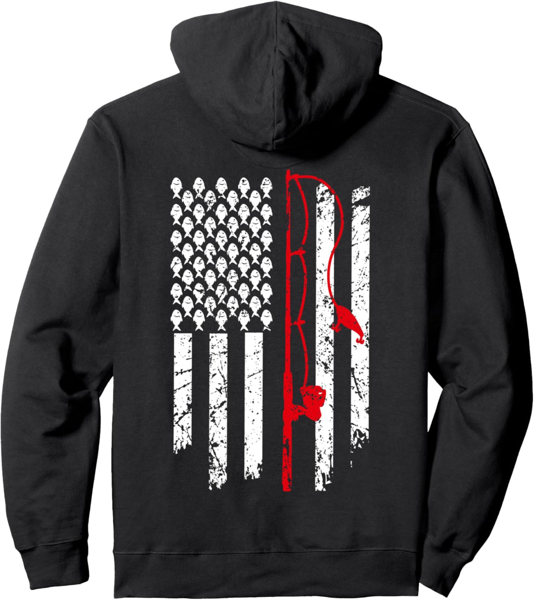 US American Flag Bass Fishing Pole Patriotic Gift USA Flag Pullover Hoodie