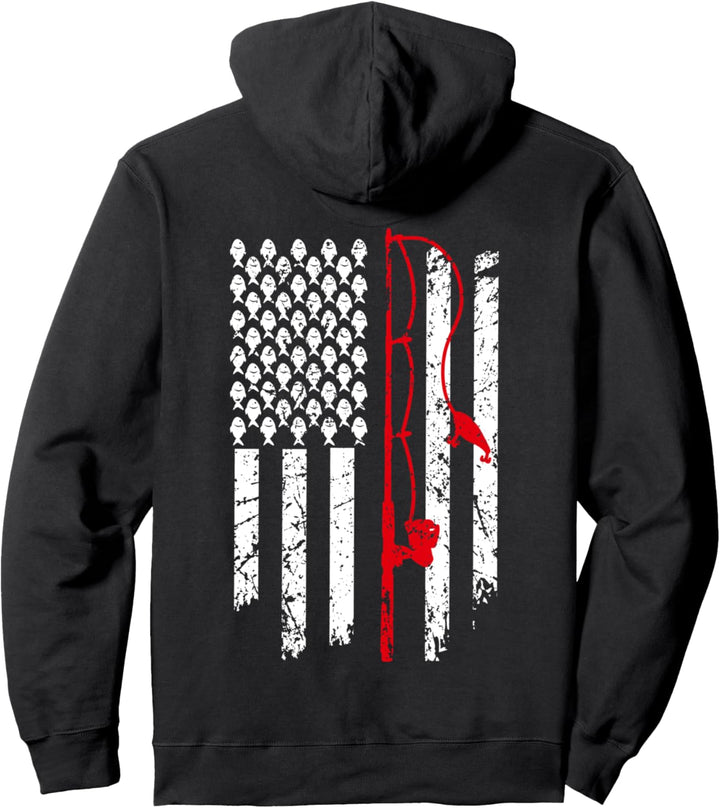 US American Flag Bass Fishing Pole Patriotic Gift USA Flag Pullover Hoodie