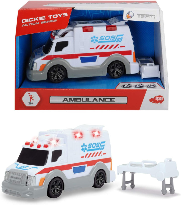 DICKIE 203302004 Toys Krankenwagen, Rettungswagen, Spielzeugauto mit Trage, Heckklappe zum Öffnen, L