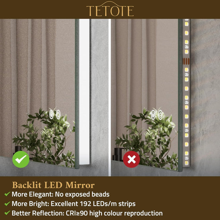 TETOTE Badspiegel mit Beleuchtung 70x90cm, Rechteckiger LED Badezimmerspiegel ohne Rahmen, Wandspieg