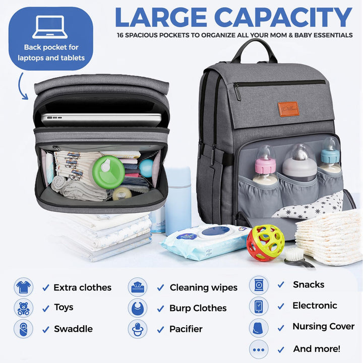 PILLANI Baby-Wickeltaschen-Rucksack – grosse Tasche für Jungen und Mädchen – Wickelrucksack – Reise-