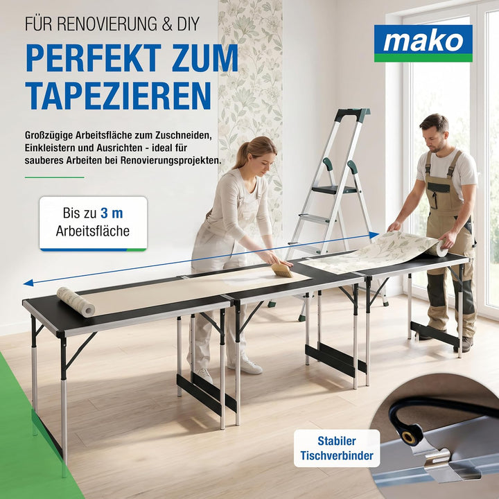 mako Tapeziertisch Profi, 3er-Set – Höhenverstellbarer Multifunktionstisch mit Alu-Rahmen, robuster