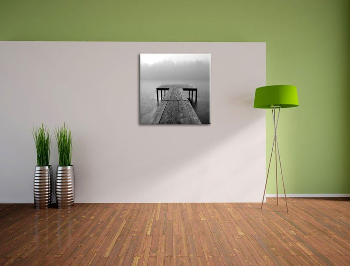 Steg am See Nebel, Format: 70x70 auf Leinwand, XXL riesige Bilder fertig gerahmt mit Keilrahmen, Kun
