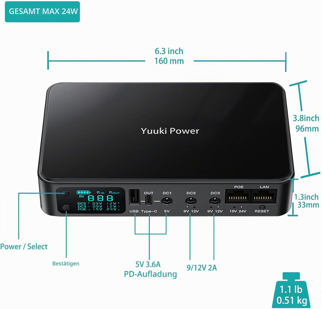 Mini UPS 12V⎓2A Router USV 18000mAh (66Wh) Unterbrechungsfreie Stromversorgung 9V⎓2A USB 5V⎓3,6A, 18