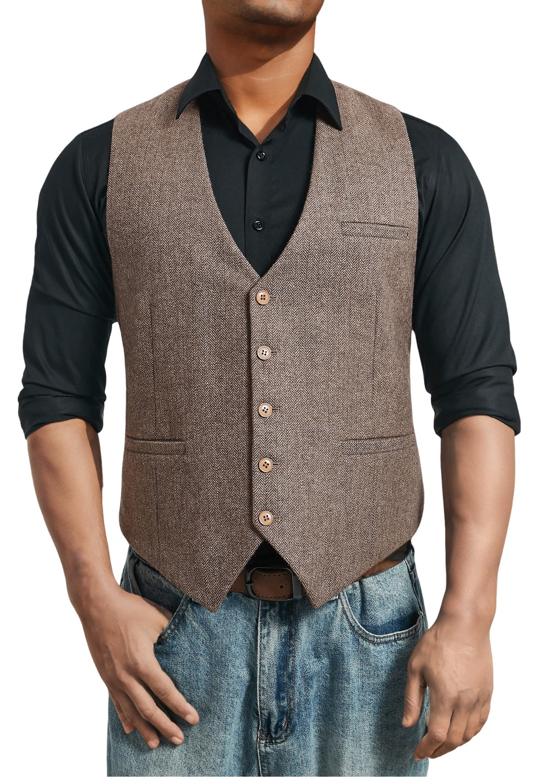 HISDERN Herren Anzugweste Herringbone Weste Hochzeit Herrenweste Formale Tweed Wollweste Classic Bas