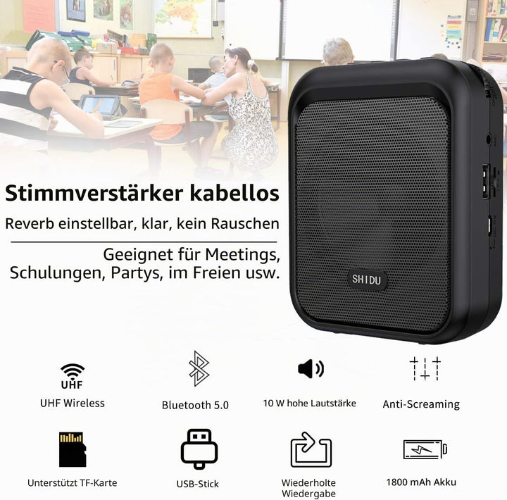 SHIDU Sprachverstärker Tragbarer Bluetooth Lautsprecher mit drahtlosem UHF Mikrofon Headset 10W 1800