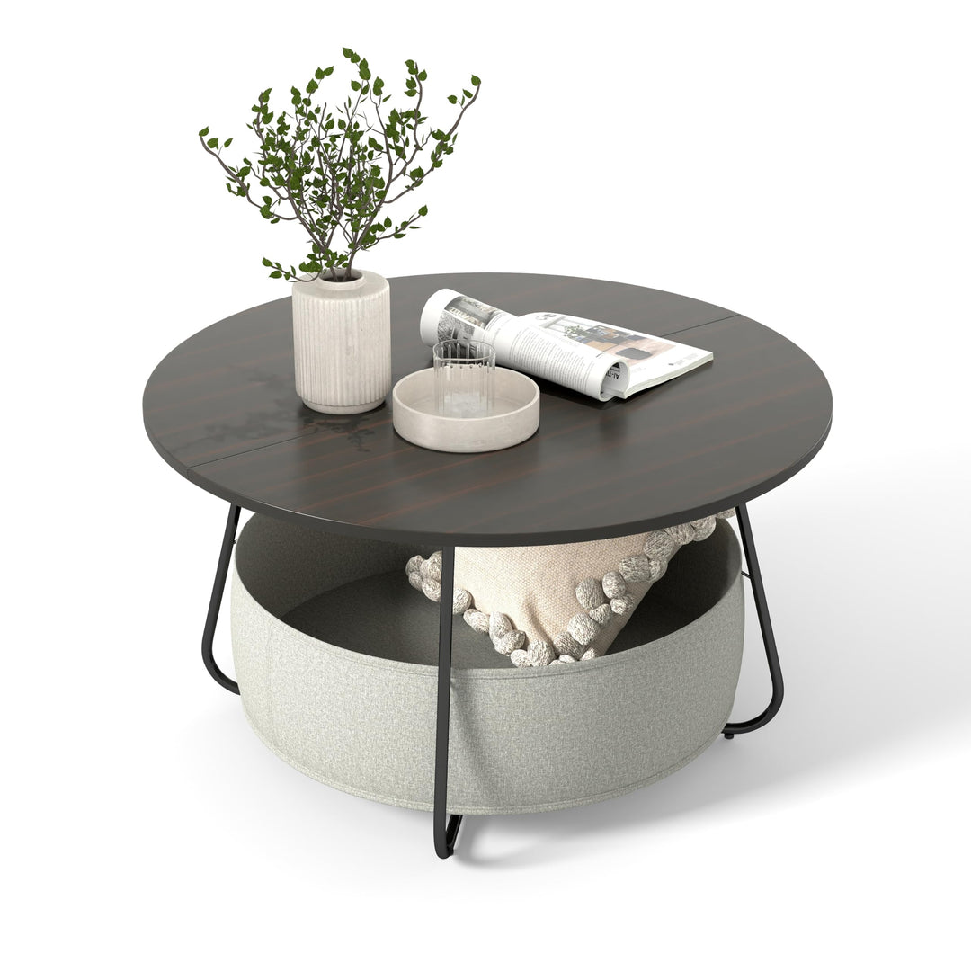 Manora Runder Couchtisch Schwarz mit Stoffkorb & Stauraum,Wohnzimmertisch Rund,Moderner Sofatisch mi