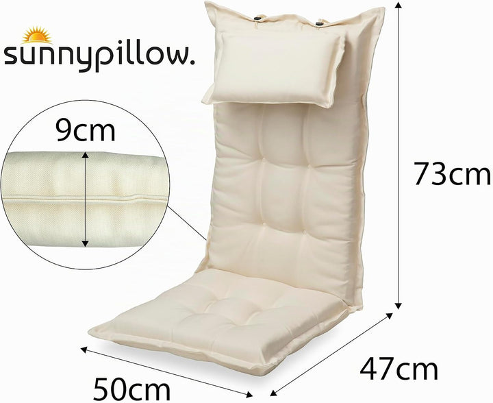 sunnypillow 2 Stück Gartenstuhlauflagen mit abnehmbarem Kopfpolster - 120 x 50 x 9cm - Stuhlauflagen