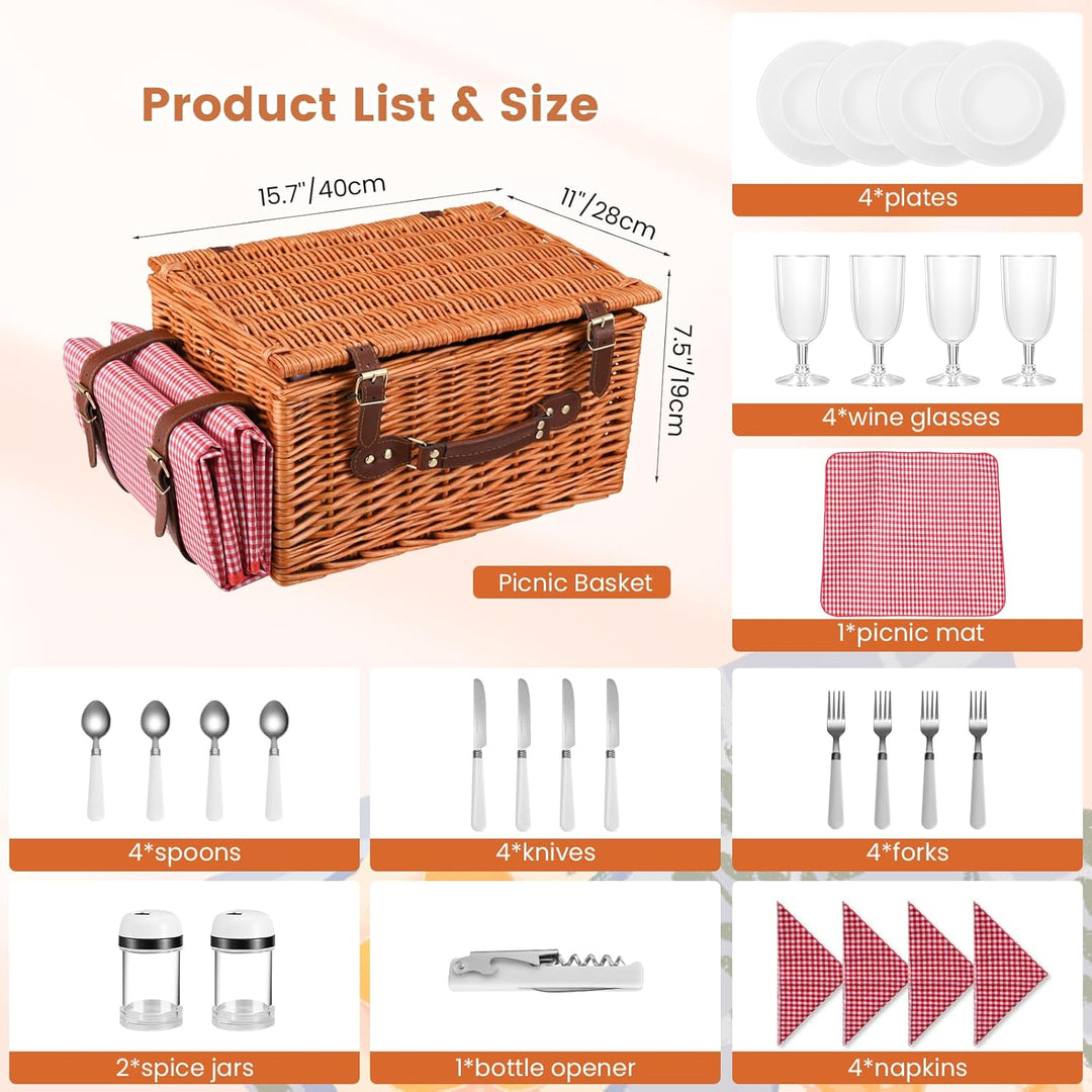 Premium Picknickkorb-Set für 4 Personen, Weidenkorb mit Kühlfach, Wasserdichter Decke, Tellern, Gläs