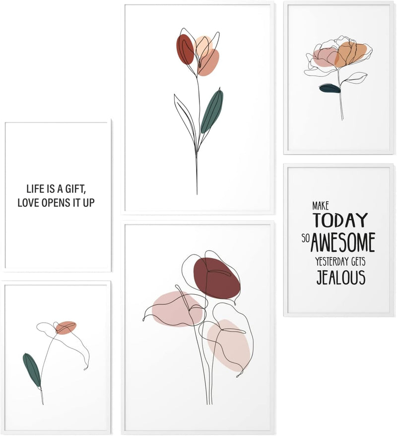 Papierschmiede® Mood Poster Set Blumen Abstrakt, Fertiges Bilder Set mit Rahmen (Holz, weiss), Wohnz