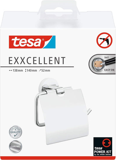 tesa EXXCELLENT Toilettenpapierhalter mit Deckel, verchromt - zur Wandbefestigung ohne Bohren, inkl.