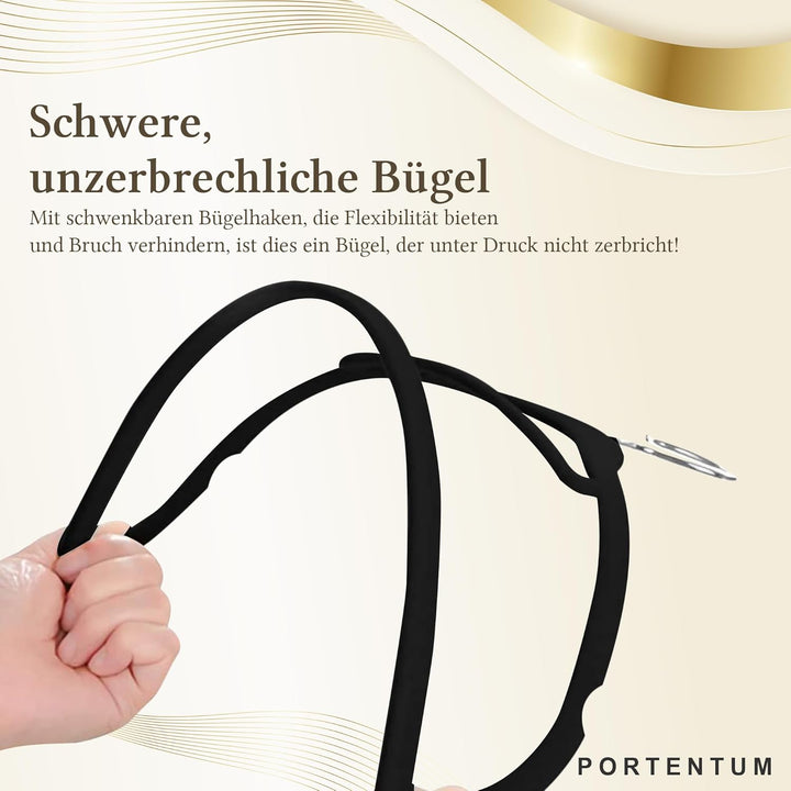 PORTENTUM Kleiderbügel aus Samt, 50 Stück, Schwarz. Zubehörhalter, 360º Drehbarer Haken, Platzsparen