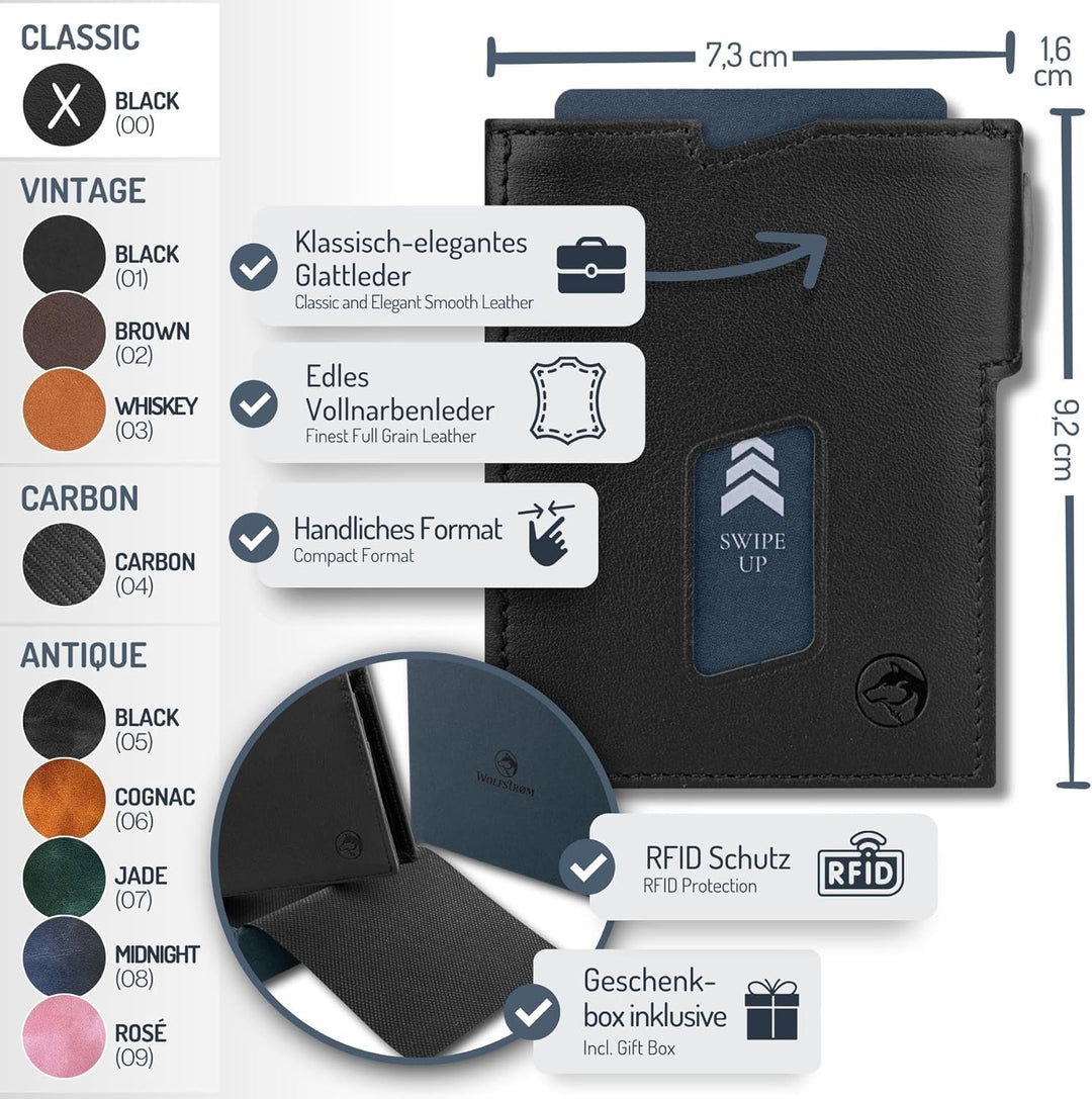 Wolfstrøm Slim Wallet mit Münzfach 'Ludvig' I 7+1 Karten Mini Geldbörse Herren klein, RFID Blocker I