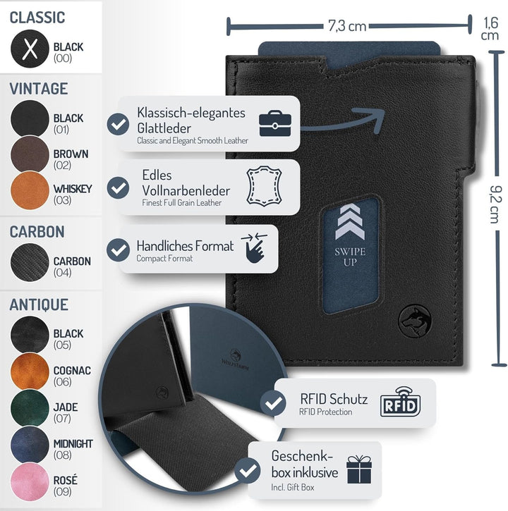 Wolfstrøm Slim Wallet mit Münzfach 'Ludvig' I 7+1 Karten Mini Geldbörse Herren klein, RFID Blocker I