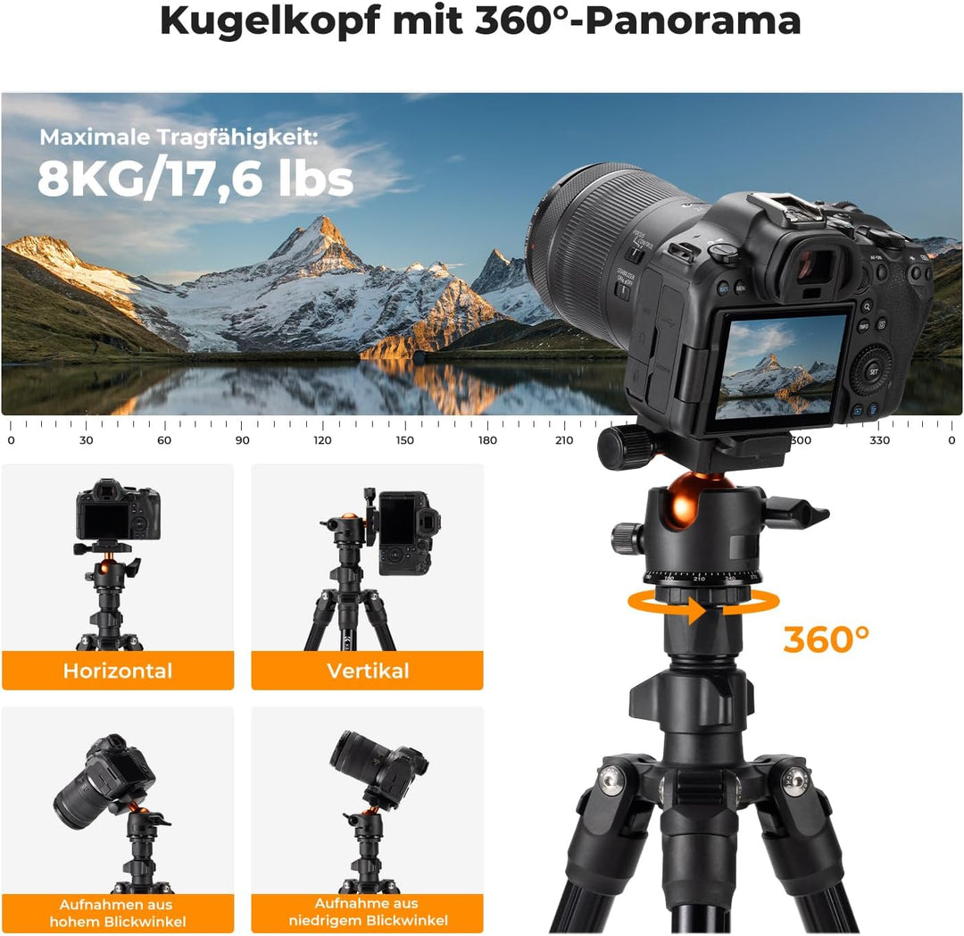 K&F Concept K234A0 Kamera Stativ mit Auslegearm,163cm Handy Stativ, Tripod für unterwegs, Stativ für