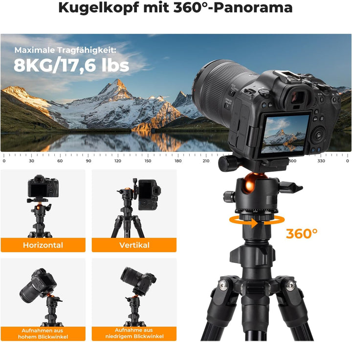 K&F Concept K234A0 Kamera Stativ mit Auslegearm,163cm Handy Stativ, Tripod für unterwegs, Stativ für