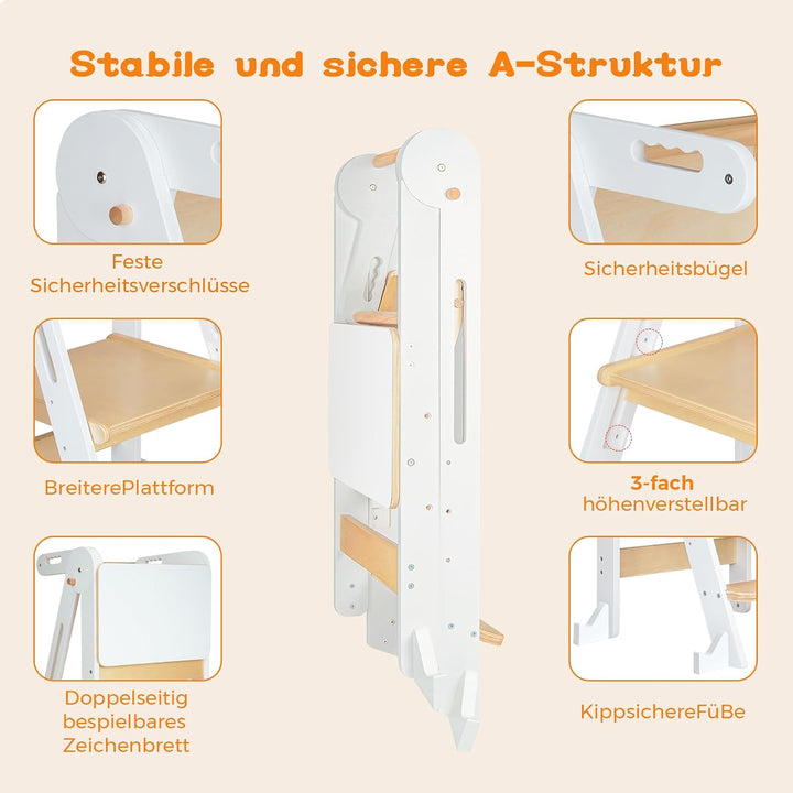 Lernturm Klappbar, Montessori Learning Tower, Multifunktionaler Lernturm ab 1 Jahr klappbar, Platzsp