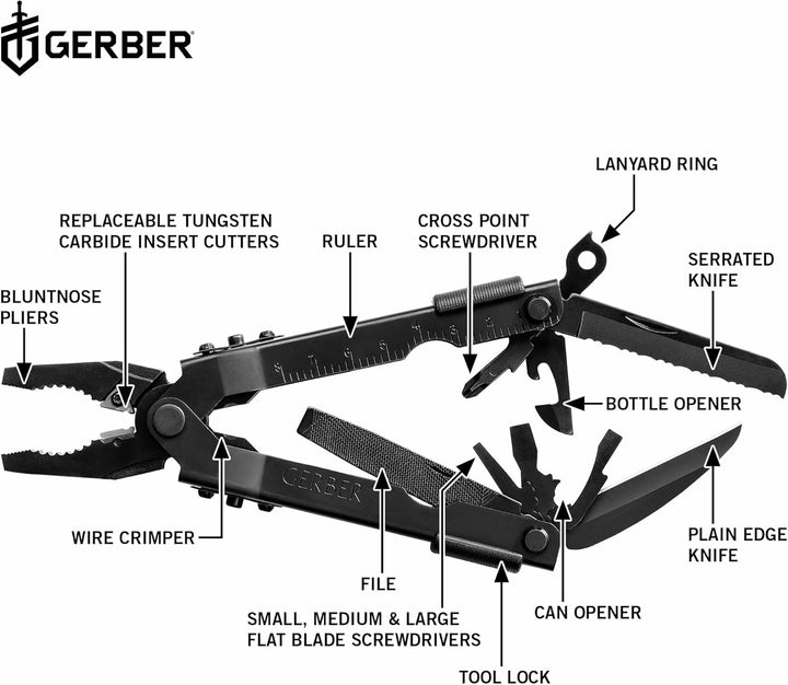 Gerber Multi-Tool mit zwei Messern und Nylon-Scheide, MP600 Bluntnose, Mit 14 Funktionen, Schwarz, 0