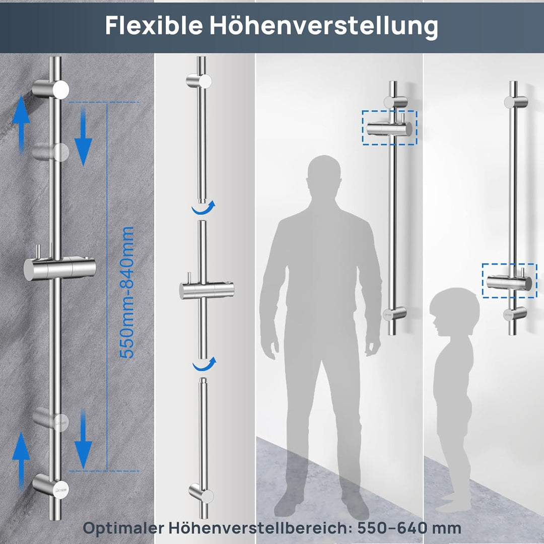 DETBOM Duschstange Edelstahl mit Handbrause 90cm, 3 Strahlarten Duschsystem, 360°Drehbar Duschkopfha